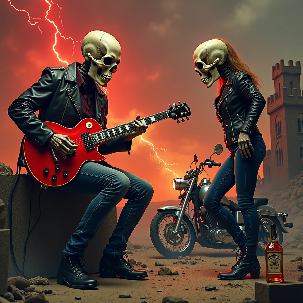 a full-length skull playing a les paul guitar to a skull-headed woman wearing a leather jacket and jeans as the world ends, red lightning falling from the sky giving a tone of chaos to the image, with a castle on fire in the background and a Harley Davidson motorcycle on the side, a broken bottle of whiskey on the floor