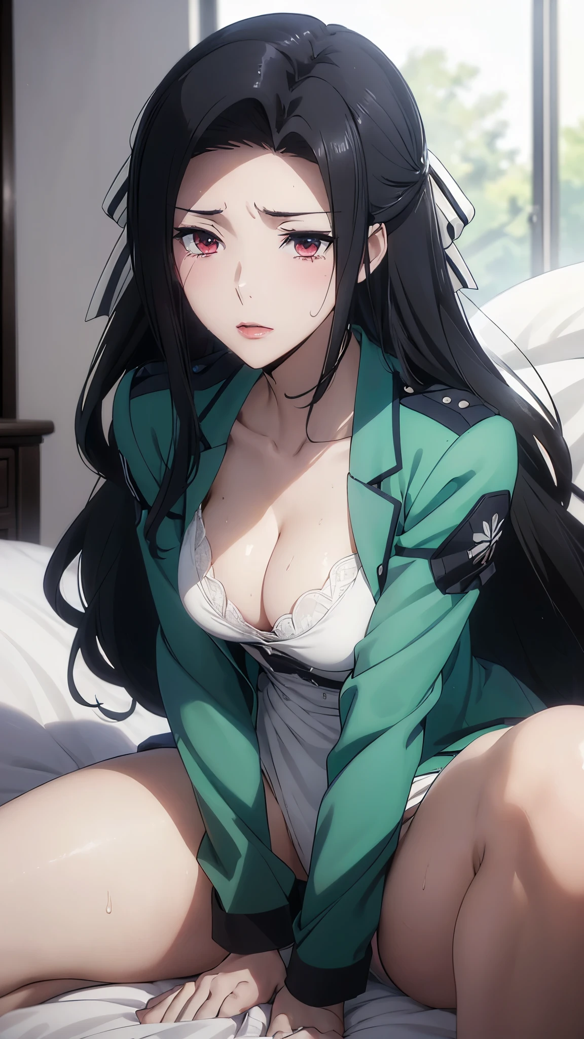 1 personの, alone, masterpiece, Highest quality, The Irregular at Magic High School, Mayumi Saegusa,Mayumi Saegusa, iris, Red eyes, eyelash, Black Hair, Long Hair, Back ribbon,High School Uniform, dress, white dress, collared dress, Jacket, green Jacket, cropped Jacket, open Jacket, Long sleeve, Large Breasts, (masterpiece: 1.3), (Maximum resolution: 1.2), (Ultra High Definition TV: 1.2), Cinematic Light, 8k resolution, Detailed facial features , (Sharp focus: 1.2）, (Focus on the face:1.2),Perfect Style, Beautiful Face, Acura, Anatomically correct, Highly detailed face and skin texture, Beautiful Eyes,Beautiful Eyes, Thin eyebrows, Natural Cheeks, Glowing Skin, Fair skin: 1.2, (Glossy Lips: 1.4),、 (Embarrassed look: 1.2),Highly detailed face and skin texture, Natural Cheeks, , Glossy Lips: 1.4,Perfect Style、Cleavage、Soft Breasts、（Semen on chest:1.6）（Cum on thighs 1.5）、 Sperm on tongue、Drenched in sweat、Wet clothes、blush、A humiliating look、Anxious expression、Frightened expression、Embarrassed look、Glare、anger、sorrow、tears、（Open your knees:1.5）、（Spread your legs:1.5）、 White underwear、Disheveled clothes、sweating、Thin underwear、1、 clear, A clean-cut woman,1 person、 Upward-facing chest, Black Hair、blue eyes、Beautiful Eyes、Torn clothing、（masturbation behavior:2.0）、At the bed、（On my back、At the bedLying down、Lying down、White sheets:1.7）、avert your eyes、