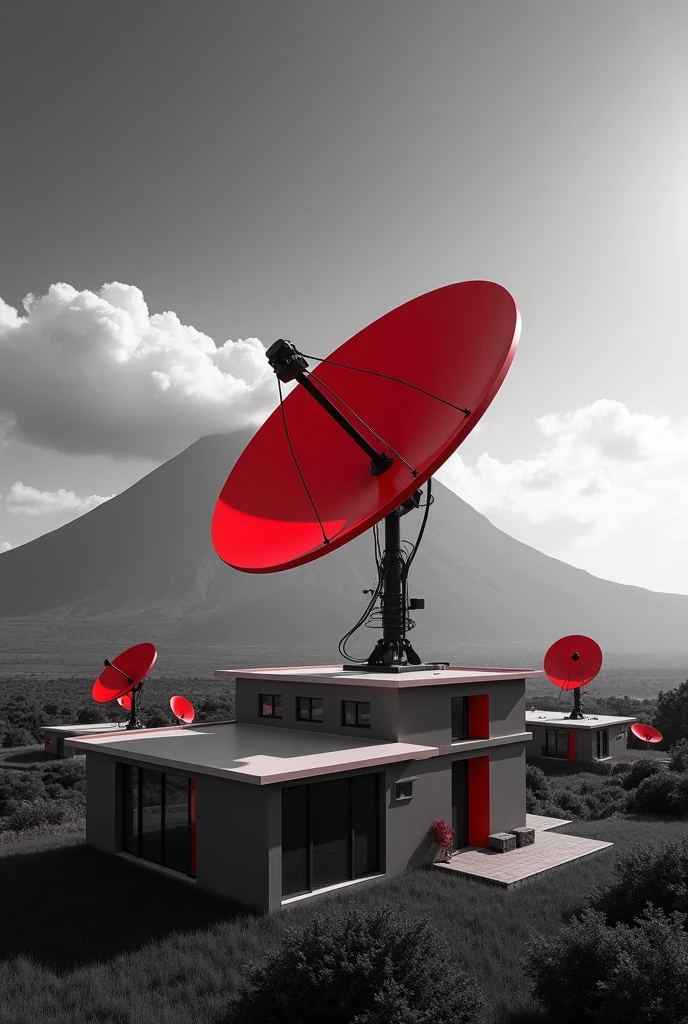 Image for an advertisement of home satellite antennas, with red colors, black and white with a landscape background with volcanoes and the antenna being red, that the antenna is placed on a house and that there are more houses around it that also have antennas 