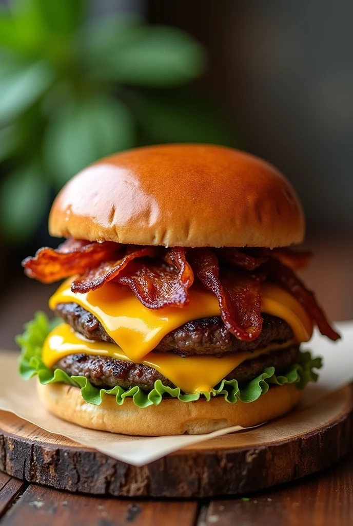 Cheeseburger with cheddar cheese, a piece of meat, bacon and caramelized onions, For publication
