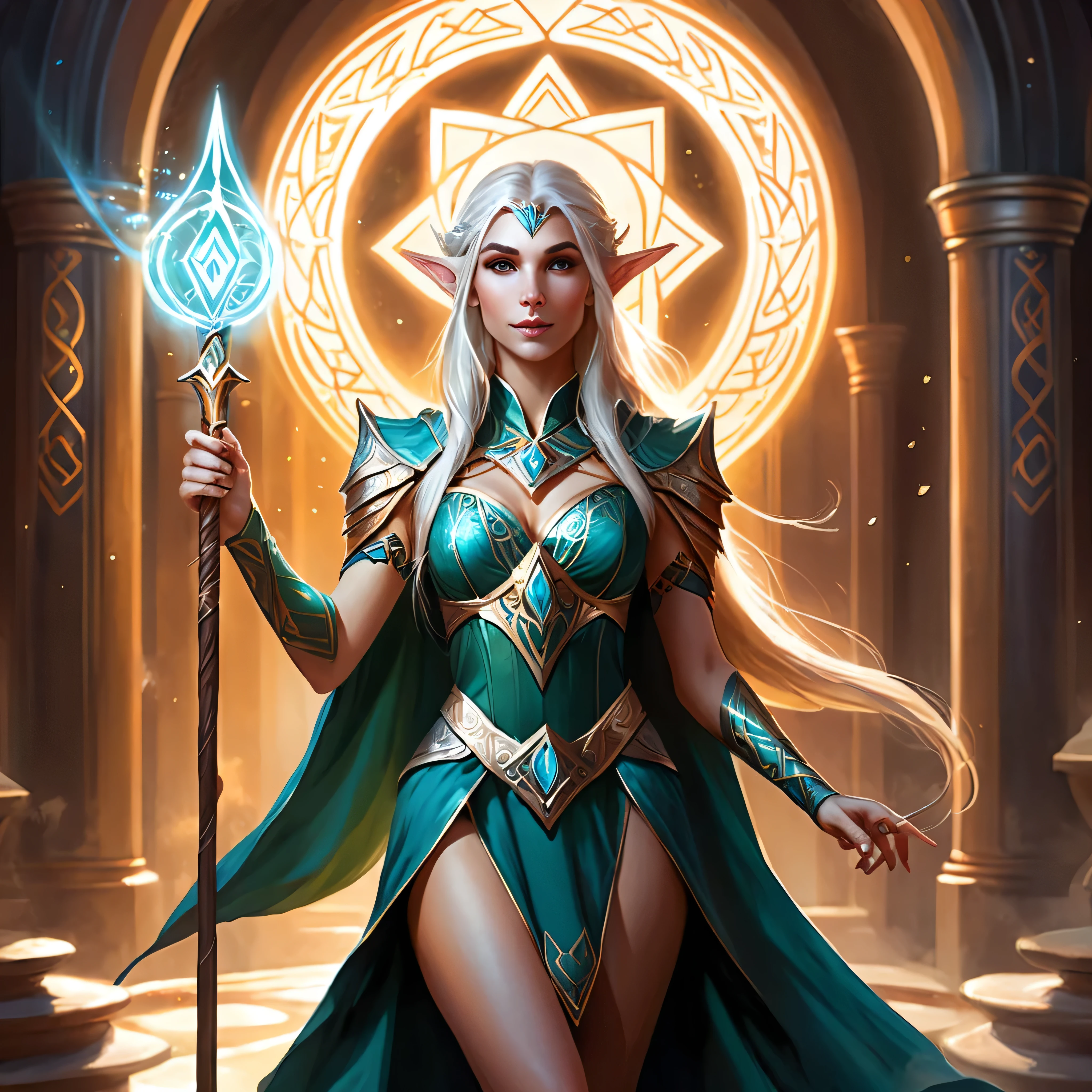 ethereal fantasy concept art of a brave elf dnd wizardess . magnificent, celestial, ethereal, painterly, epic, majestic, magical, fantasy art, cover art, dreamy, full body shot, staff in right hand, surrounded by runes of light, dynamic pose