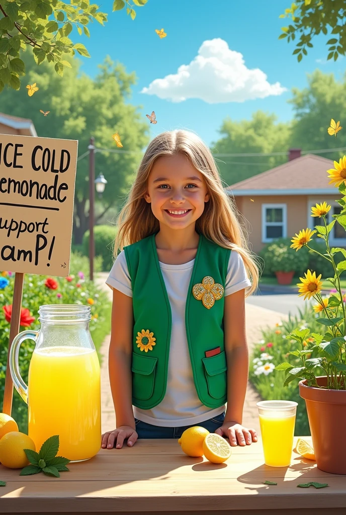 A Girl Scout selling lemonade to raise money for her camp 