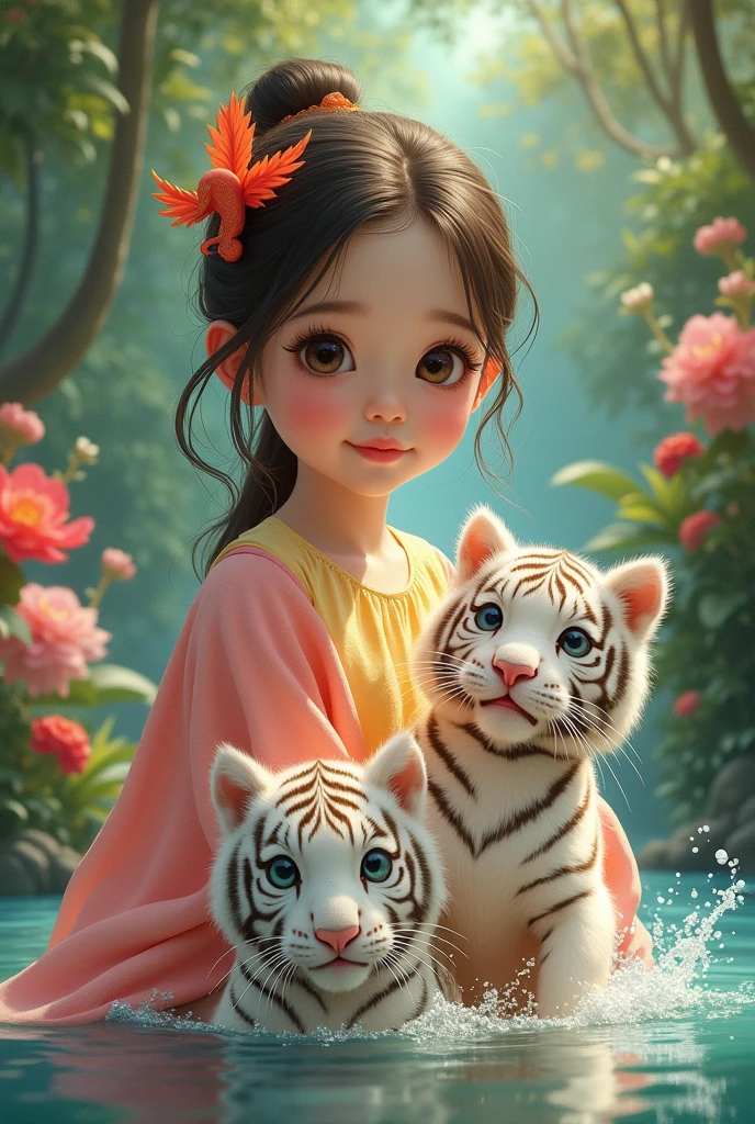 full lenght a Full-body picture of a young girl, beautiful and sweet face, hair often pinned with a red swan hairpin, wearing a Thai dress in a light yellow color flowing through the chest, a pink shawl over the shoulders, and two large, imposing, magnificent, beautiful white tigers, with sea-blue eyes, playing in a small pool until the water splashes, in a tropical forest, a refreshing atmosphere, amidst the beauty of a small field of colorful flowers around a clean, beautiful pool, glowing and shimmering light, 3D picture, oil painting, sharp picture, art picture of Professor Chalermchai