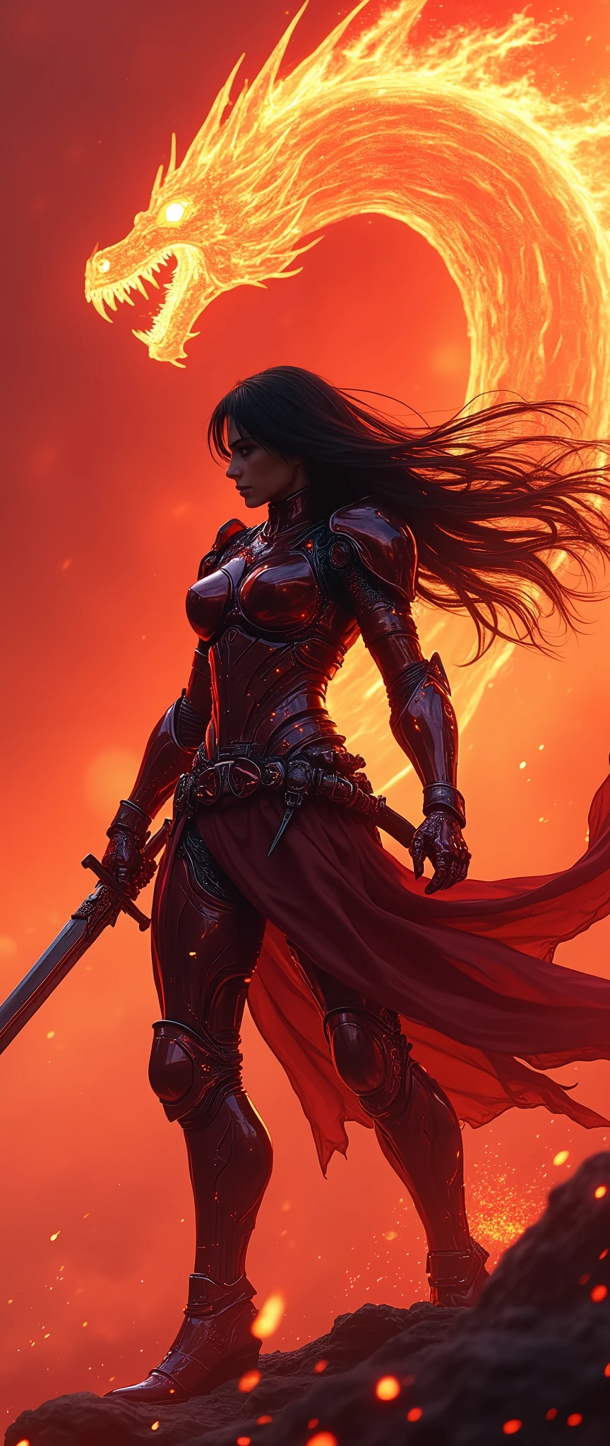 (masterpiece:1.2, Highest quality,High resolution,Super detailed),8k,wallpaper,(Very detailed),(Armored Core Style),Woman in ninja robot armor,Black Hair,Random Hairstyles,(Flame Ninja),(Red body),(Detailed face:1.3),(Detailed body:1.3),(Cowboy Shot:1.6),(The background is a red battlefield with a translucent dragon made of summoned flames.:2.0),Hair blowing in the wind,cyber punk,(dynamic),(Preparing for battle,Wield a giant sword with both hands:1.2,The electronic parts of the armor glow.:1.6),(Detailed hands:1.6),(Flashy special move effects:2.0)