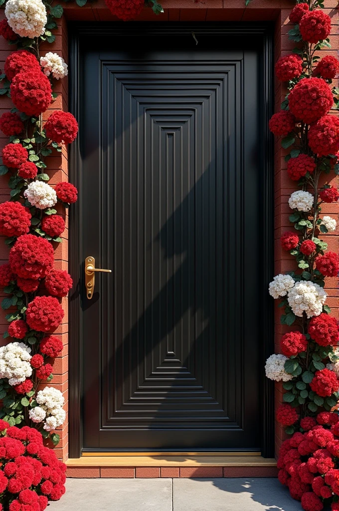 Give me the image of a black door with a grid and flowers , in the combinations of golden, White and red