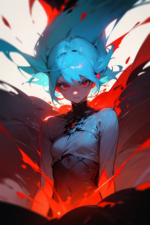 Create a dramatic and symbolic image of a young girl with short, light blue hair bleeding to death. Blood flows in a bright, surreal pattern. From the blood, A defiant red-haired figure emerges, partially formed. The scene should be partially censored to focus on the symbolic aspect without explicit details.. Use cool colors for the bleeding young woman and warm colors for the emerging figure.. The atmosphere must be mystical, with dramatic lighting and luminous blood.