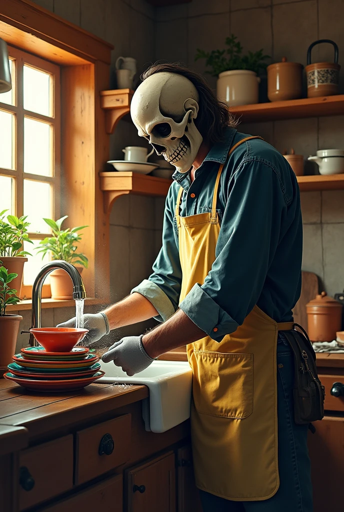 Caveira washing dishes