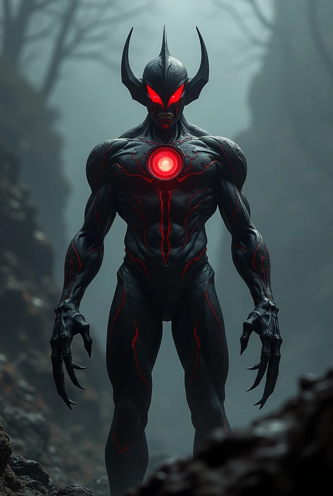 Ultraman、Black and red color scheme、Black as the base with red lines on the body、Muscle Body、Muscular all over、whole body muscular、villain、A menacing face、Face sharp、Eyes are very sharp and red、Sharp, upturned red eyes、Long, sharp claws、Magnificent claws、Muscular々、Fall into Darkness、Final Boss、Charisma、Cold、Dark Aura、A hard, strong body、A robust body、Armor-like texture、Atrocious、Red round color timer on the chest、RAW Photos