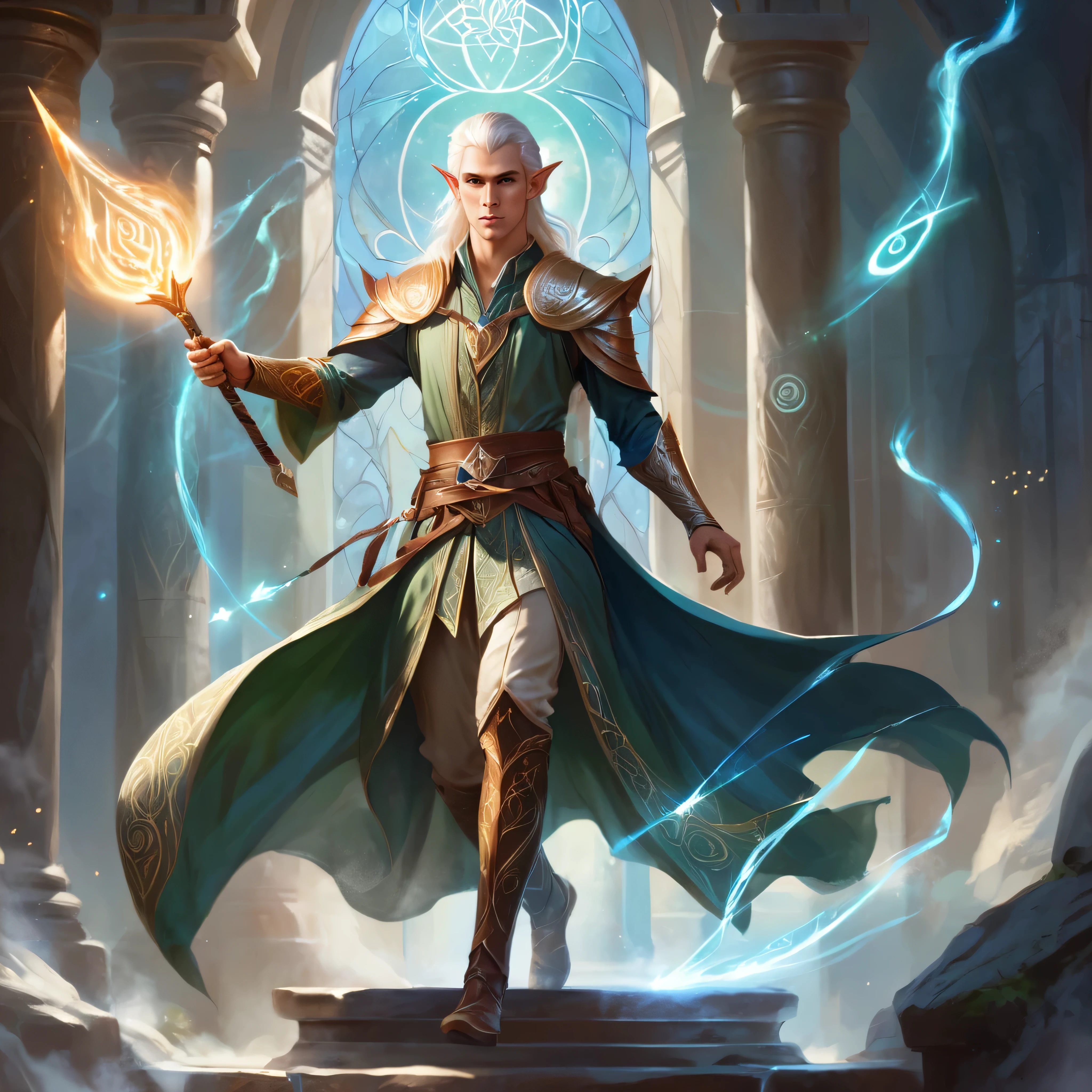 ethereal fantasy concept art of  a brave elf dnd male sorcerer. magnificent, celestial, ethereal, painterly, epic, majestic, magical, fantasy art, cover art, dreamy, full body shot,  staff in right hand, surrounded by runes of light, clean shaven, dynamic pose