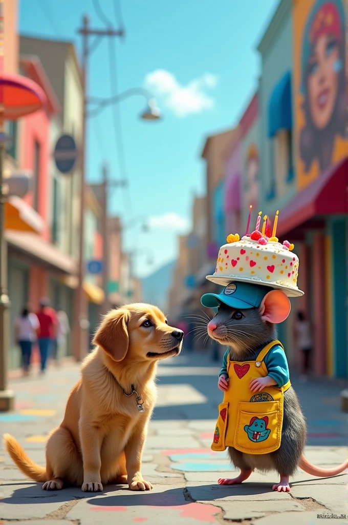A rat boy delivering a cake to a dog with some pop art paintings in the background