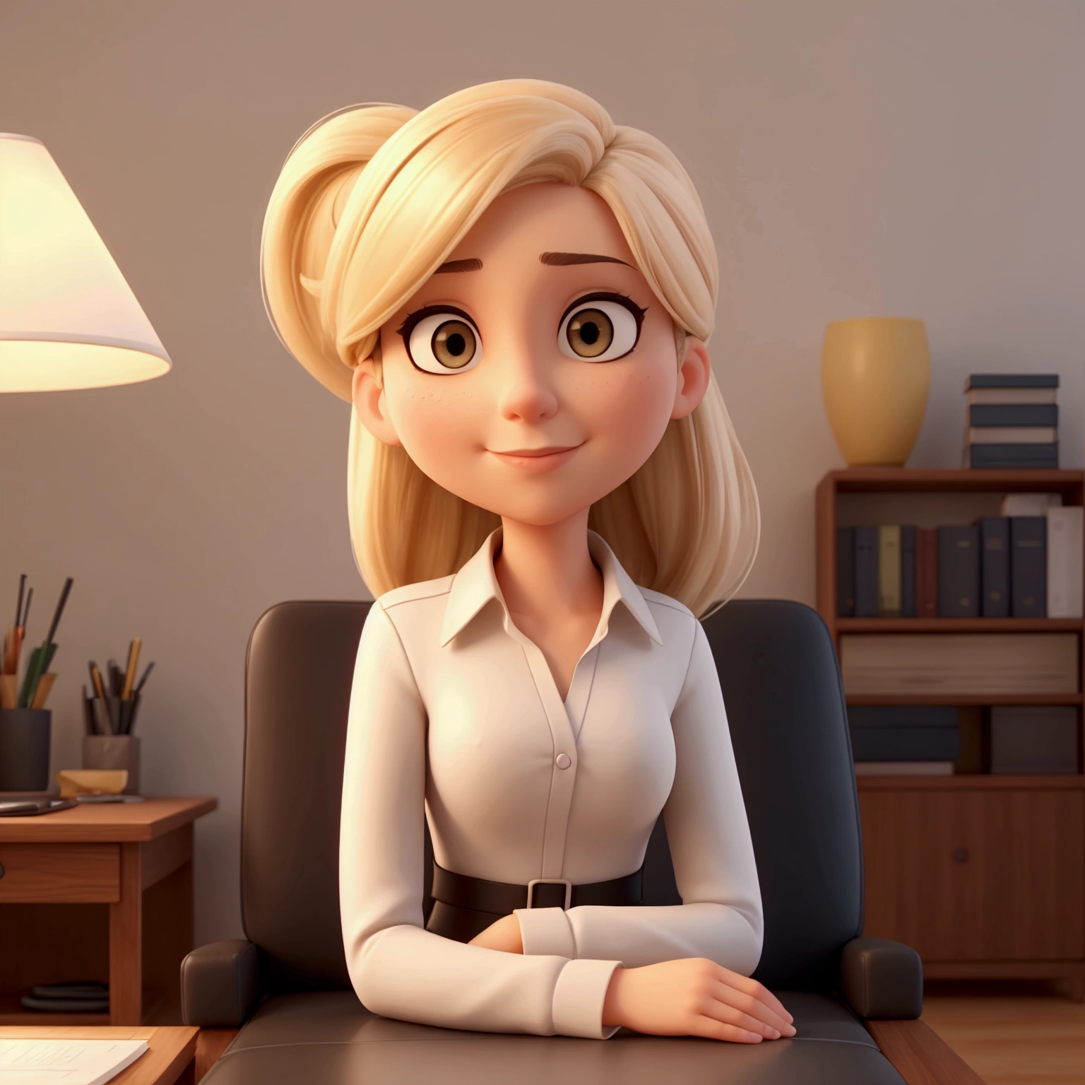 Generate image of a young, attractive woman sitting on a black leather sofa, dressed in sleek, black executive attire. She has a serious and professional expression, with long, straight blonde hair cascading neatly over her shoulders. Her facial features are finely detailed, reflecting elegance and confidence. Lighting: Apply cinematic lighting with a soft, diffused key light to highlight her features and create subtle, natural shadows. The lighting should add depth and dimension, emphasizing the texture of her attire and the contours of her face. Pose: She should be seated in a poised and confident manner, with a straight posture that conveys authority. Her hands can rest naturally on her lap or on the armrest of the sofa, reinforcing her composed demeanor. Background: The background should be a modern, minimalist office or upscale lounge, with muted, neutral tones. The setting should enhance the cinematic quality of the image, ensuring that the focus remains on her professional presence. Camera Angle: Use a slightly low angle to convey power and confidence, with a shallow depth of field to keep the focus sharp on her while softly blurring the background.