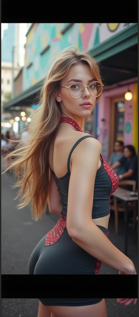 young woman, 19 years and 1,63 tall with very long light brown hair, greeneyes,tight, short dress showing a bit of your underwear, with round, gold rimmed glasses, medium breasts and Big Ass, and a little chubby 