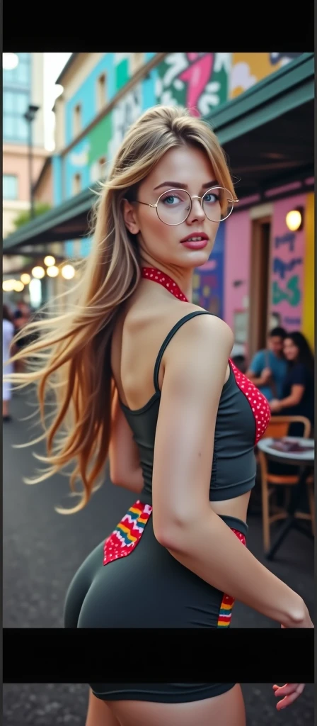 young woman, 19 years and 1,63 tall with very long light brown hair, greeneyes,tight, short dress showing a bit of your underwear, with round, gold rimmed glasses, medium breasts and Big Ass, and a little chubby