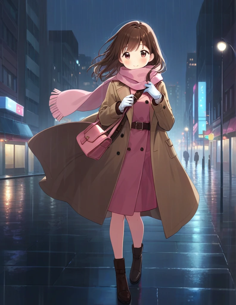 masterpiece, best quality, high resolution, anime, cute 1girl, woman with long brown hair wearing a fully bundled up closed and beige belted buckle knee-length trench coat with a tucked up large pink winter wool scarf and white gloves carrying her large pink purse blowned by the wind at the hard rainy night city street full body 8k