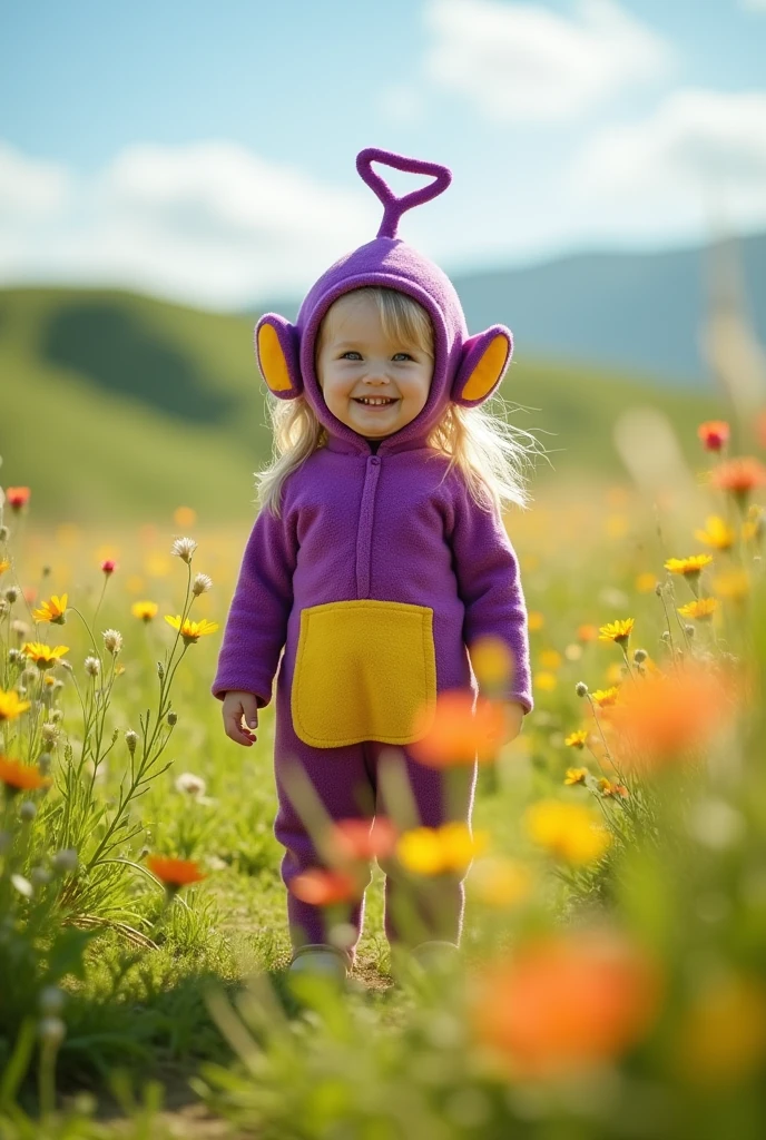 Professional photography of a girl with an outfit inspired by the Teletubbies