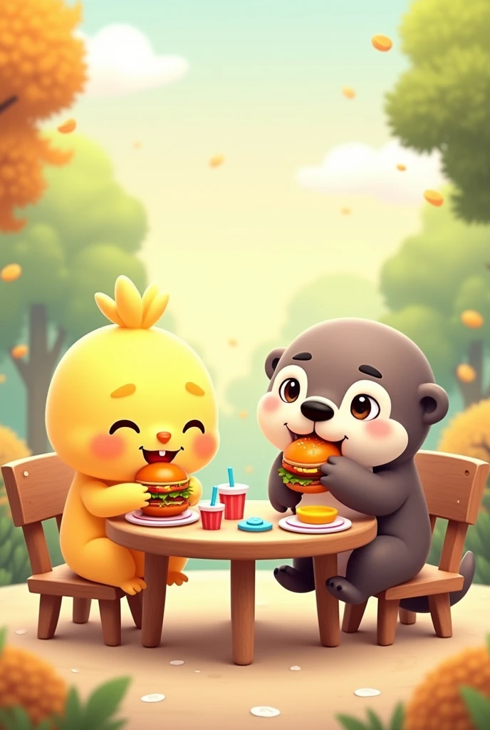 A chick and an otter eating burgers at a table and drawn as simple emojis