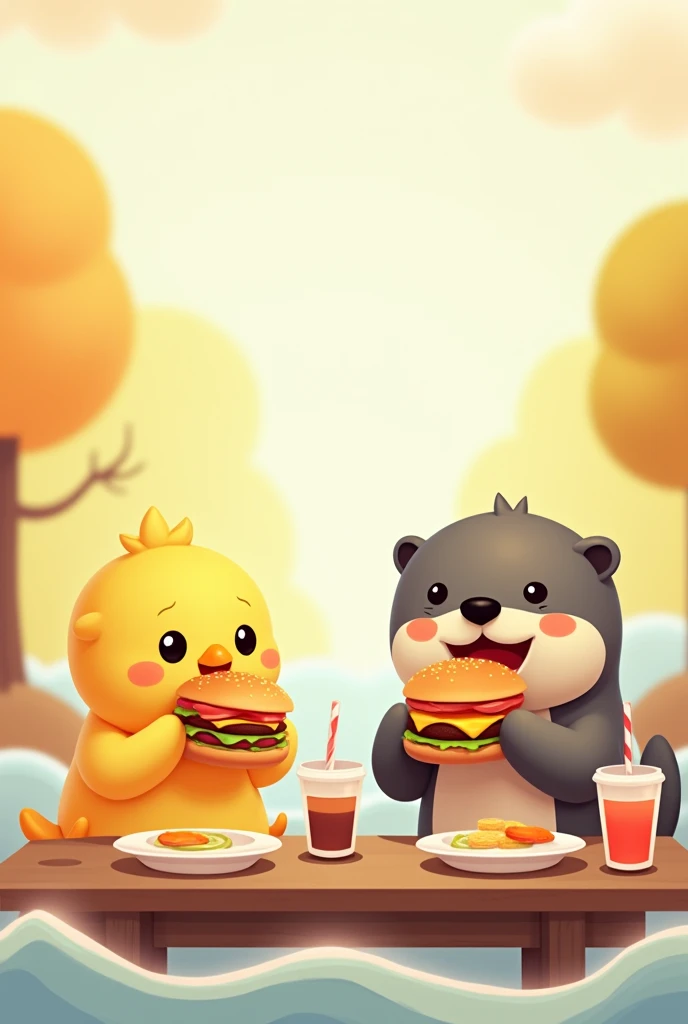 A chick and an otter eating burgers at a table and drawn as simple emojis