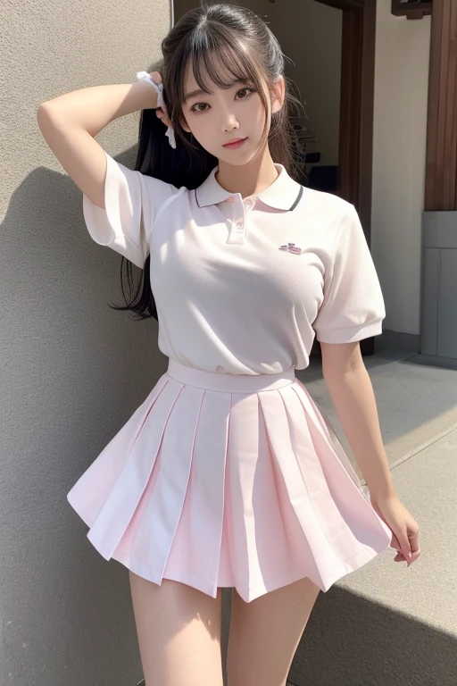 (Absurd:1.3), (High resolution:1.3), (Super detailed:1.3),(One person:1.3), (Very detailed CG ユニティ 8k 壁紙:1.3), (Detailed skin texture, Detailed cloth texture, Detailed hair texture), (Beautifully detailed face, Supermodel, Pale skin, Realistic glistening skin), (RAW Photos, Highest quality), (Realistic, photo-Realistic:1.4), masterpiece, Very delicate and beautiful,wonderful, In detail, Very detailed CG ユニティ 8k 壁紙, Large file size, Very detailed, High resolution, Absurd, Soft Light,Rim Light, Vivid details, Hotel Rooms, Straight hair, Large Breasts, Black hair color, Big Natural Color Lip, (Perfect figure), Beautiful feet, break (White Theme:1.4), (Tucked-out short-sleeve white polo shirt:1.4), (Pink lines on the outline of the top:1.3), (Pure White Pleated Mini Skirt:1.3), (The hem of the top covers the top half of the skirt:1.3), (Pink fluffy scrunchie on your wrist:1.3), (White and pink sports shoes:1.2), Crying a little、A small smile, Harajuku Style、20-year-old girl、Cute type、Hata、Are standing