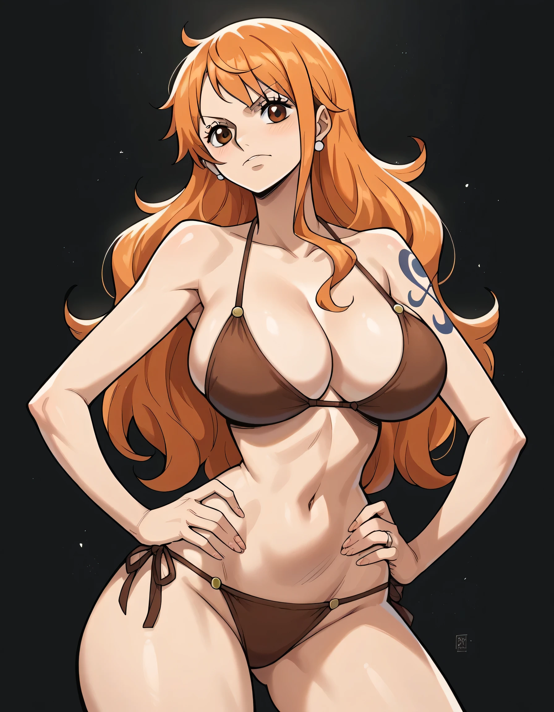 Masterpiece, best quality, Masterpiece, best quality, 1 woman, Nami , long orange hair , sly face , brown bikini , big breasts , abdomen , Put your hands on your hips.. , thighs , black background 