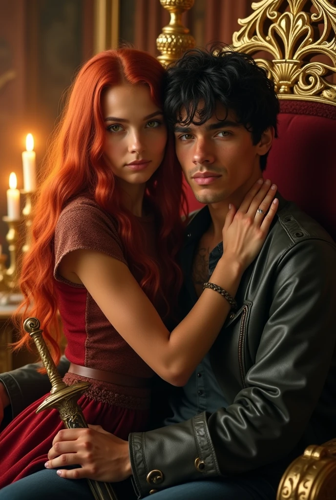 A red-haired girl with wavy hair, cinnamon skin and hazel green eyes with a buxom body hugging a black-haired, cinnamon-skinned boy with brown eyes who is sitting on a throne holding a weapon