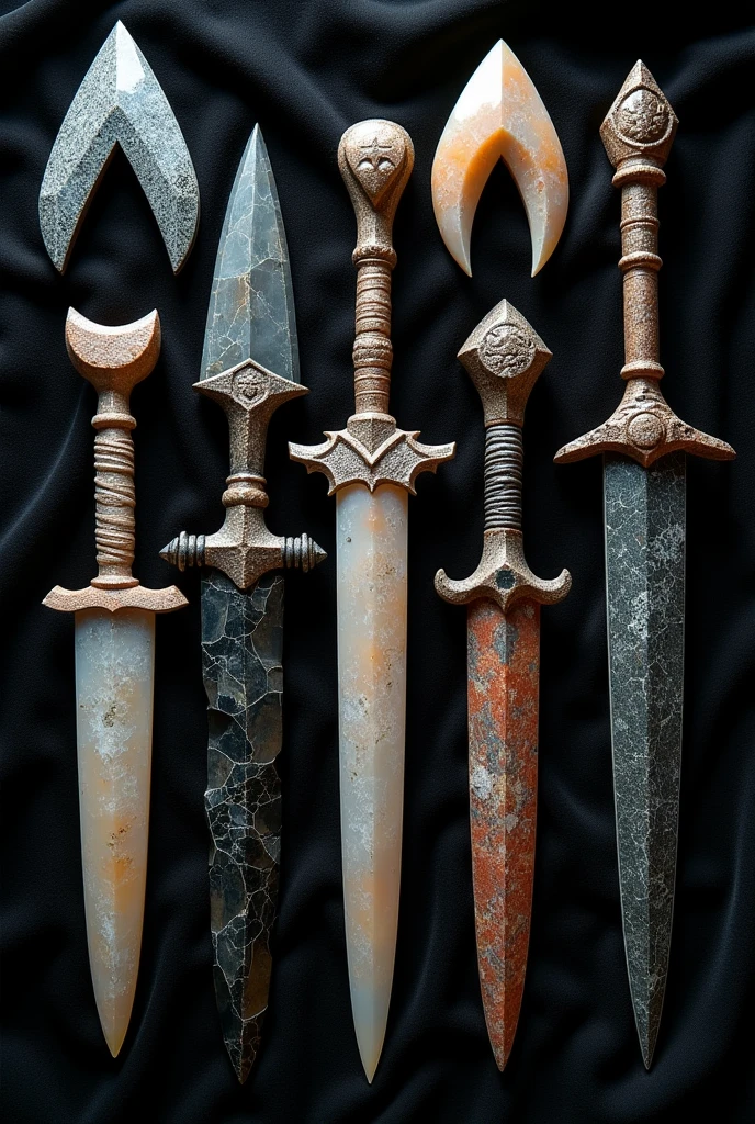 Shurikens and daggers made entirely of STONES (no humans and no landscape)