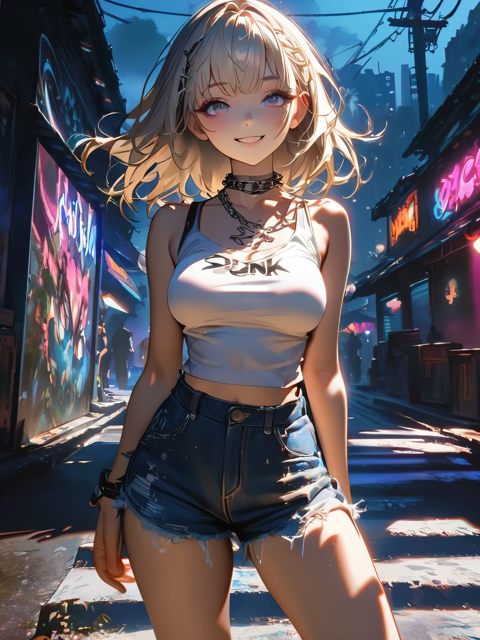 1 person, chromatic aberration, Written boundary depth, Soft Light, masterpiece, Highest quality, complicated, Tone Mapping, A place where fireworks are set off at festivals. Concept Art, Smooth, Clear focus, Dramatic lighting, Very cinematic, super practical painting, アートステーション's trending, 8k, Incredible Shadows, practical, whole body, View, Viewers, Portrait of a Girl 1, standing on street corner, Heavy rain and lightning、Dark Sky, neon and cyber punk background, she is dressed in punk clothing with silver chains and silver spikes, Her hair was dyed light brown.....................Ominous aura of light, smile, punk, ciber punk, Backlight.Fashionable clothes、Friendly dress code: She is wearing a cute white sleeveless top with an open back and denim shorts..My breasts are a little big.