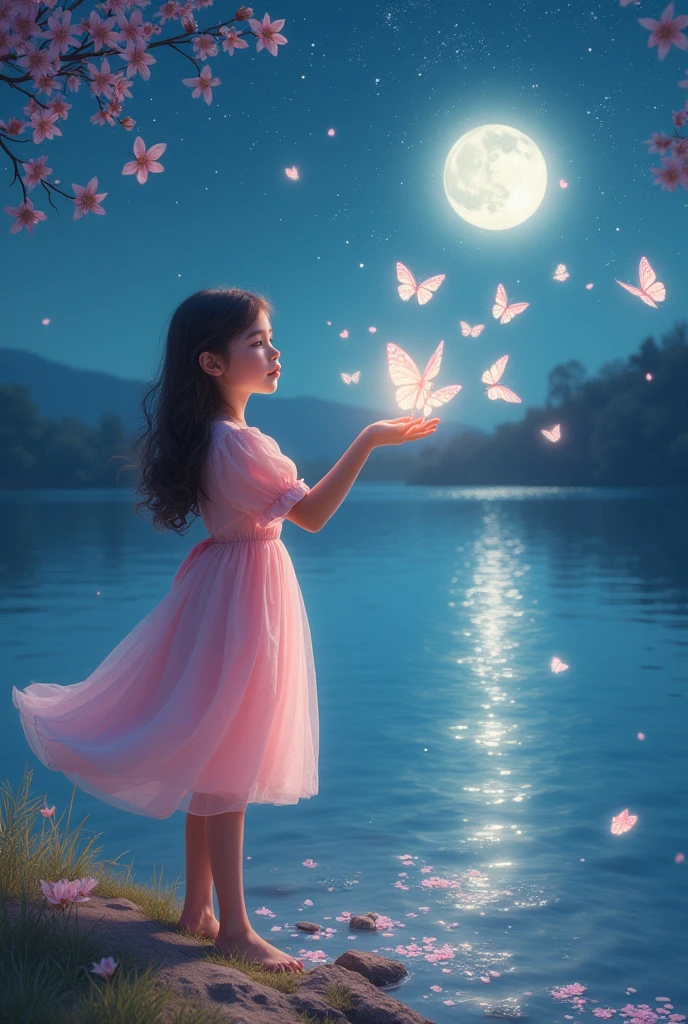 On a spring night where petals dance,、On the quiet lakeshore bathed in moonlight,、One girl is standing。Her dress a soft shade of pink,、Each sway in the wind makes the flowers seem to bloom.。Countless stars are mirrored in the water.、A fantastical scene unfolds as if heaven and earth are joined.。She gently extends her hand,、Luminous butterflies take flight from the lake's surface.、Fluttering around her like a swarm.。That moment、The world glows with a magical beauty,。