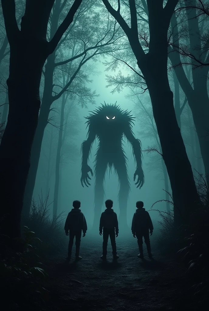 a very dark forest, a creature passing between the trunks, leaving three boys paralyzed and frightened.