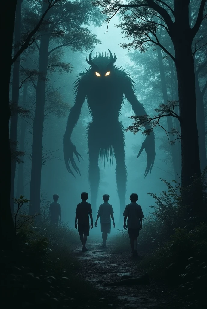 a very dark forest, a creature passing between the trunks, leaving three boys paralyzed and frightened.