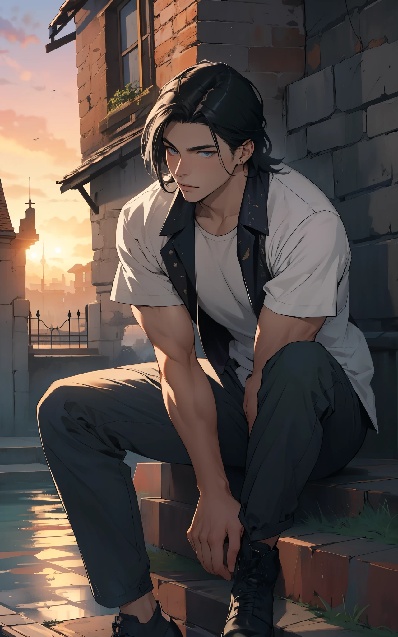 ARM, man, abs, male, male face, attractive, thin, ((1man)), masterpiece, sitting, cool pose, steampunk clothes, absurd details, best quality, intricate details, (shiny skin, shiny body, bright skin,, bright hair, pale skin tone), old castle, sunset, attractive, adult, one, don't look at the sight, don't look at the view, don't look at the view, short black hair, perfect detailed face, perfect detailed hands, blue eyes, ((MLS)), medium large outbreak