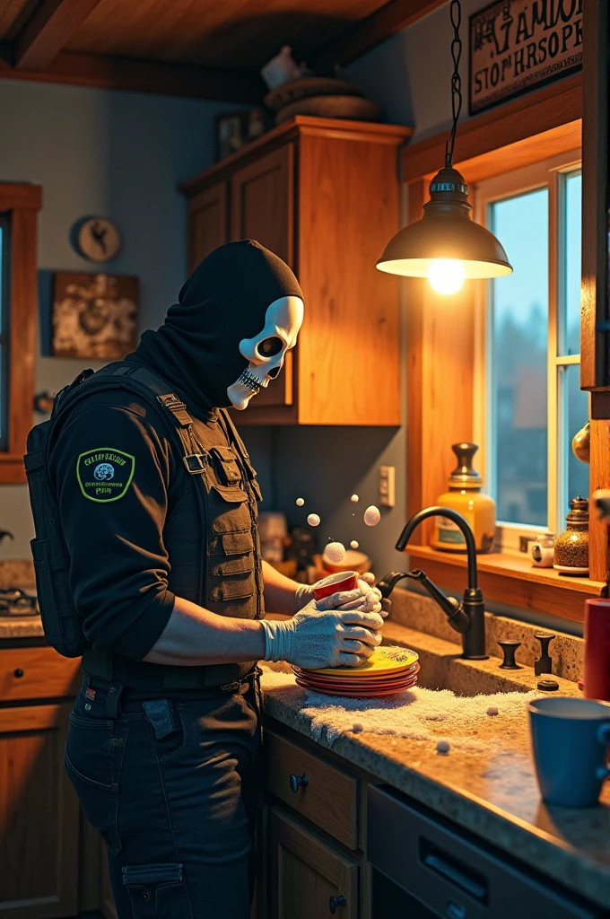 Caveira washing dishes 
