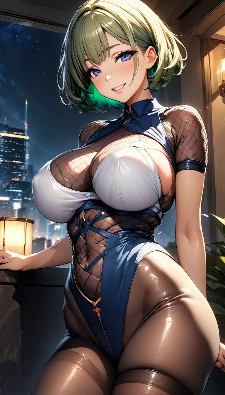 (Highest quality:1.24, Very detailed, Delicate and beautiful CG art, Detailed illustration, High detail, masterpiece:1.2, Highest quality, Best aesthetics), (((1 Girl))), JK, ((Body net stockings:1.2)), Please open your mouth a little:1.2, smile, (green hair, short Hair), Cowboy Shot:1.1, Friendly atmosphere, Shiny Hair, Beautiful Skin, Detailed face and eyes, blue eyes, Glossy Lips, Curvy Women, ((Big Breasts:1.4, A beautiful and firm bust line)),bedroom:1.2, night, Light and shadow with attention to detail, Background Blur.