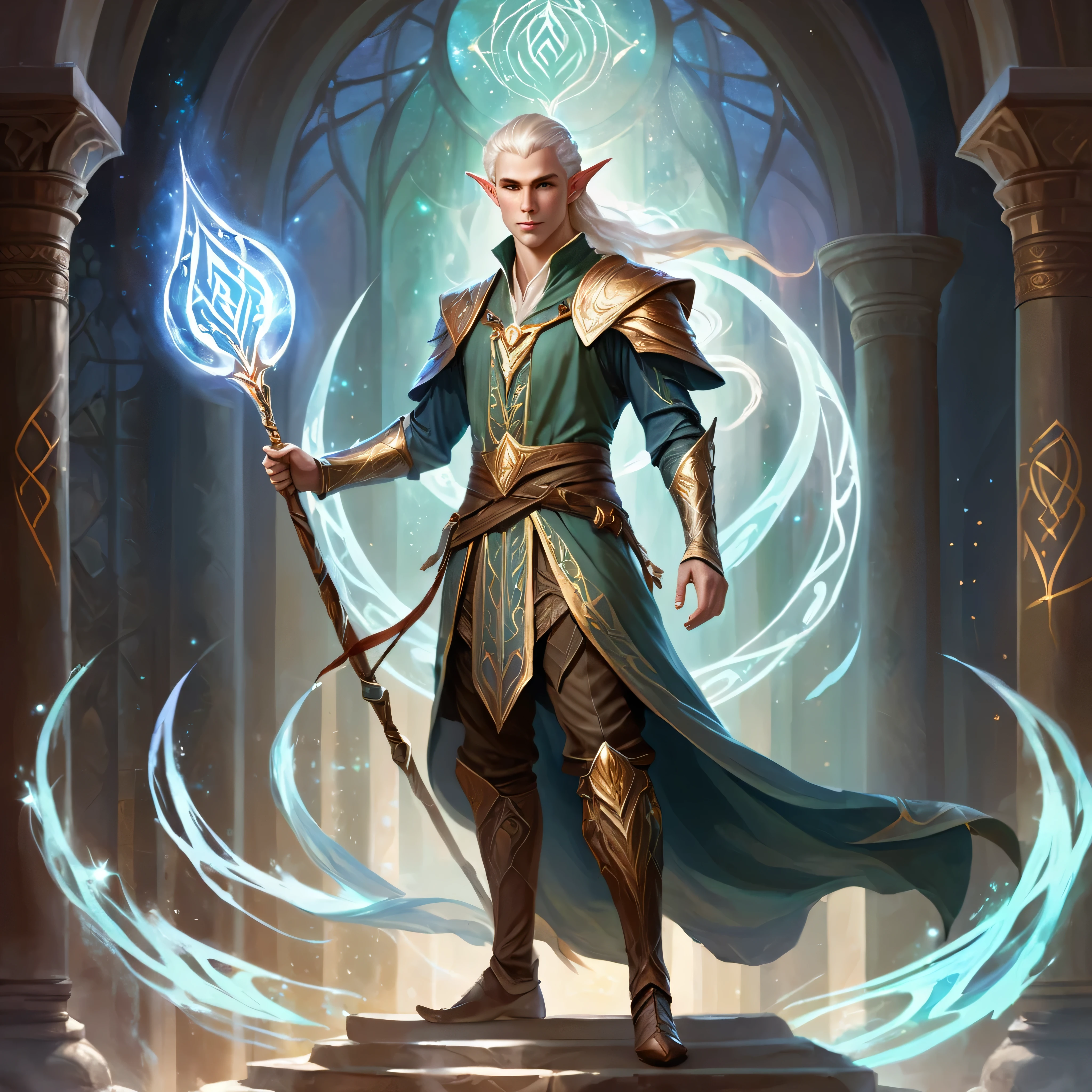 ethereal fantasy concept art of a brave elf dnd male sorcerer. magnificent, celestial, ethereal, painterly, epic, majestic, magical, fantasy art, cover art, dreamy, full body shot, staff in right hand, surrounded by runes of light, clean shaven, dynamic pose