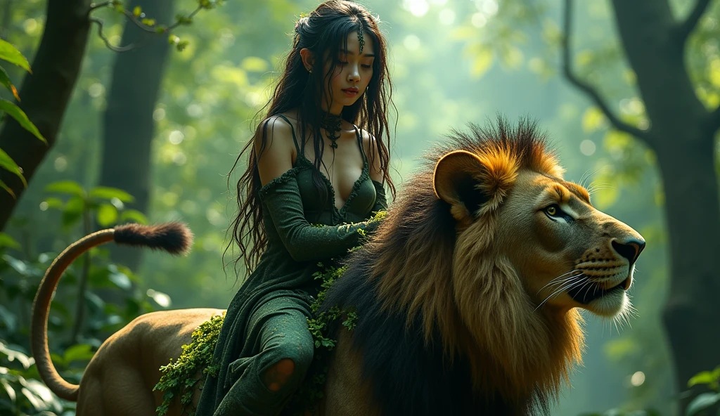 Japanese Elf Woman Riding Lion, 20s, moss growing on skin, disgusting, dirty