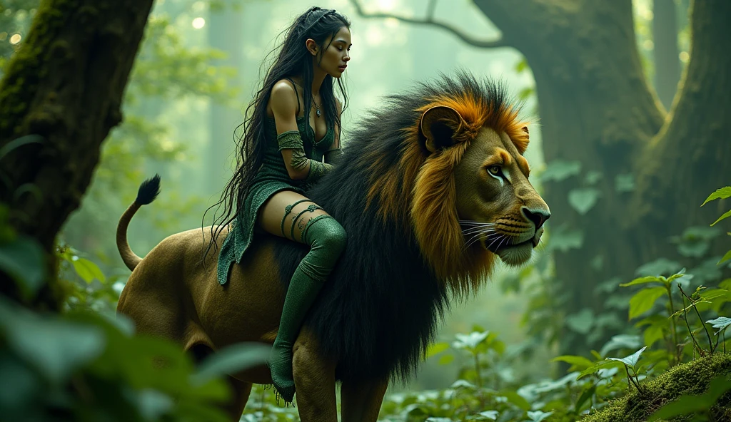 Japanese Elf Woman Riding Lion, 20s, moss growing on skin, disgusting, dirty