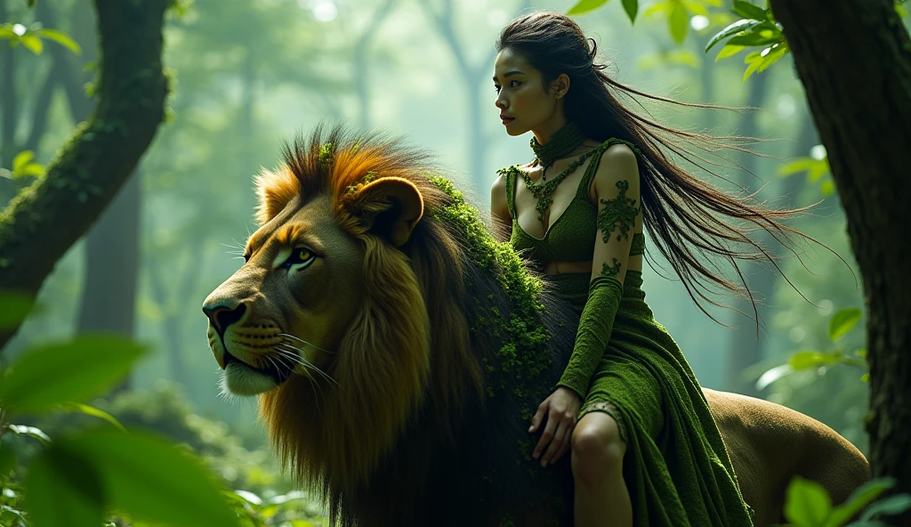 Japanese Elf Woman Riding Lion, 20s, moss growing on skin, disgusting, dirty