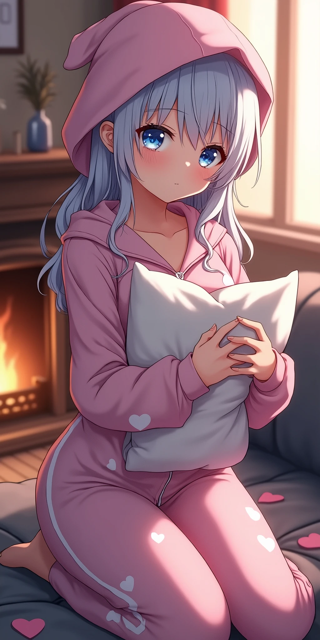 (best quality, ultra-detailed, photorealistic: 1.39), bright and vibrant colors, studio lighting, romantic expression, An effeminate girl, with a delicate and beautiful face. a beautiful passionate woman, has sparkling blue eyes, has loose silver hair, large breasts, seductive neckline, wearing a hooded pajama jumpsuit made of fabric with a heart print, she is on the sofa holding a pillow, fireplace and window completes the scene, she is in a beautiful pose showing your love, she is in love, anime style, Anime Bishoujo