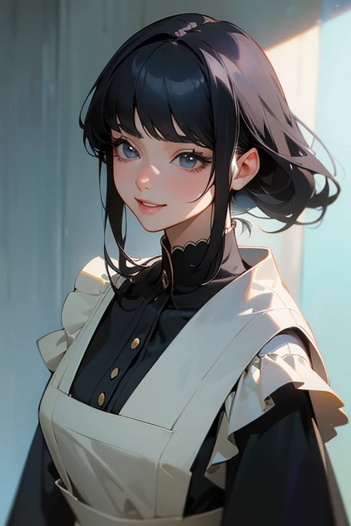 (Highest Resolution, clear_image) Highest quality, single, One woman, alone, masterpiece, Very detailed, Semi-realistic, Black Hairのショートヘア, Black Hair, bangs, 18-year-old, mature, Light blue , Indoor Background, kind, Authoritative, Powerful, exquisite features, exquisite features、Eyelashes become longer、Showing teeth、smile😀、Maid clothes、woman'Fingers in the、Sleeping on the sofa、Long Hair、Fluttering in the wind、((Drinking wine)).