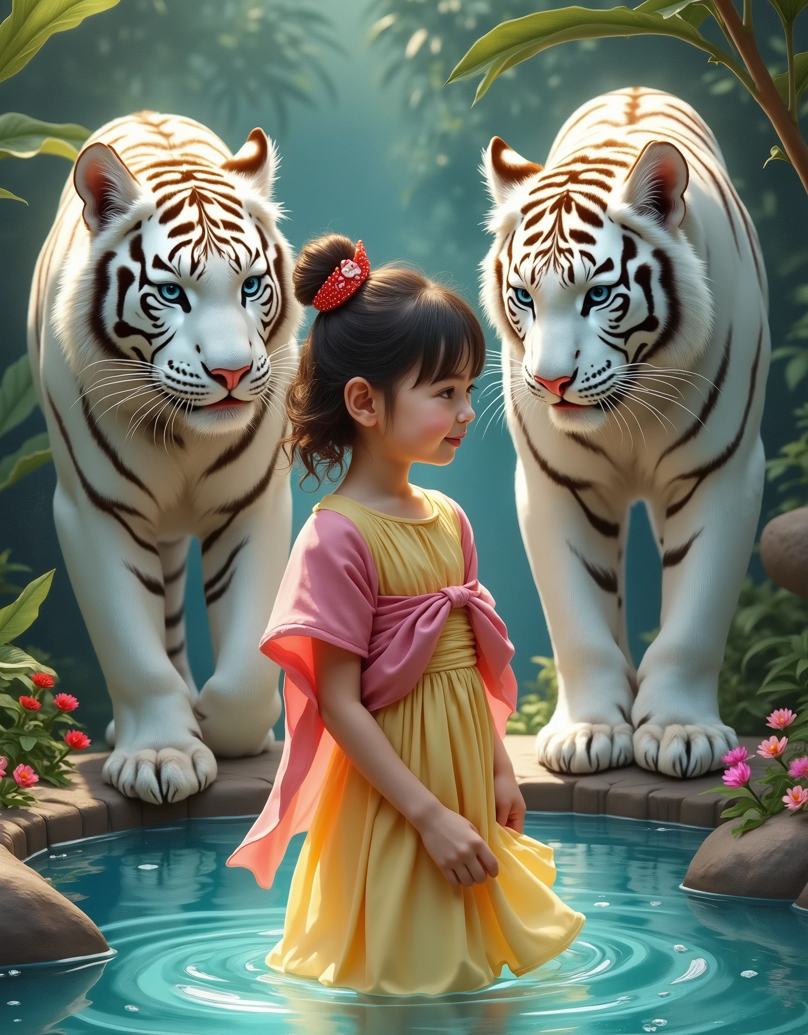 full lenght a Full-body picture of a young girl, beautiful and sweet face, hair often pinned with a red swan hairpin, wearing a Thai dress in a light yellow color flowing through the chest, a pink shawl over the shoulders, and two large, imposing, magnificent, beautiful white tigers, with sea-blue eyes, playing in a small pool until the water splashes, in a tropical forest, a refreshing atmosphere, amidst the beauty of a small field of colorful flowers around a clean, beautiful pool, glowing and shimmering light, 3D picture, oil painting, sharp picture, art picture of Professor Chalermchai