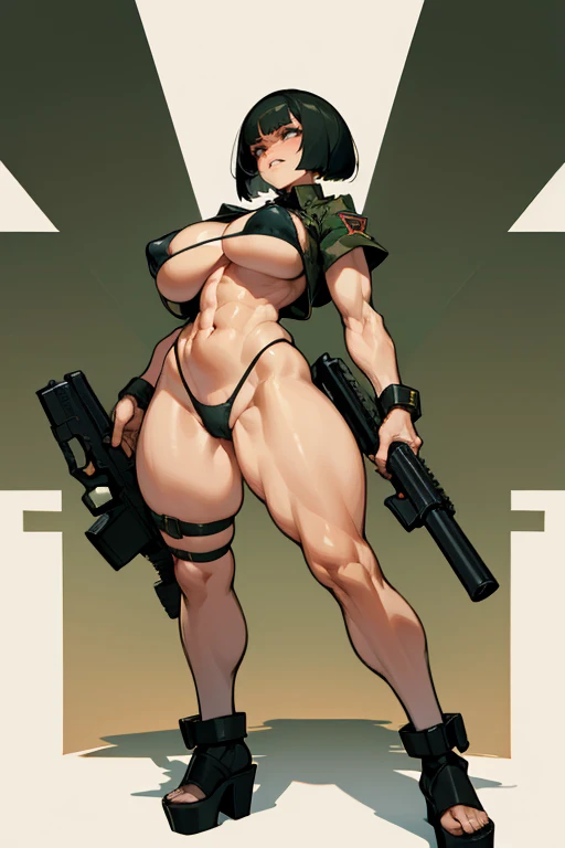 Cuberpunk, thick hips,  thick thighs, platform heels, sling bikini, huge breast, thin waist,  bob cut hair, weapon, tanned skin, gun, angry look, military camouflage, scream, muscle, thick body, tight stockings,