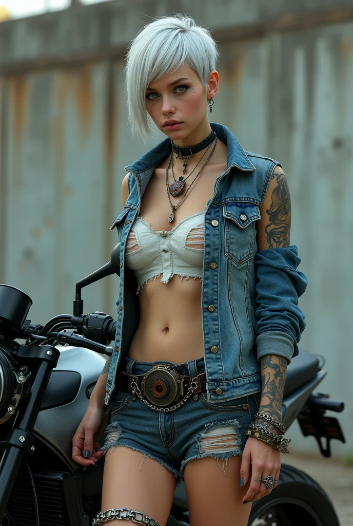 quality: 8K, Top Quality, Intricate Details, Ultra Detail, Ultra High Resolution, Masterpiece, close up shot, colorful tones,
model: 1girl, solo, 1 girl, Cyberpunk dystopian girl, Beauty,
Skin: dirty skin, A girl with a realistic skin texture, tattoo on her arm, tattoo, The focus of the image is on the ultra-detailed rendering of her skin, ensuring that every pore and wrinkle is depicted with precision.
clothing: dirty shirt adds a sense of roughness to the overall image. which adds a hint of edge to her appearance,
Ripped and frayed, with details of chains and sinister symbols,
Pose: standing in front of a concrete background.
The background sets the mood with its industrial, urban feel.
Lighting plays a crucial role in enhancing the realistic and photorealistic effect of the image,
The colors are vivid and the details are sharp,
fairly slender figure. She has white-grey hair , she has short hair and large pale green eyes, wearing an open jeans jacket and a tight, short t-shirt underneath above the navel, and very short pants, next to her is a modern, super motorcycle in the city of cyberpunk. Excellent quality, many realistic details.