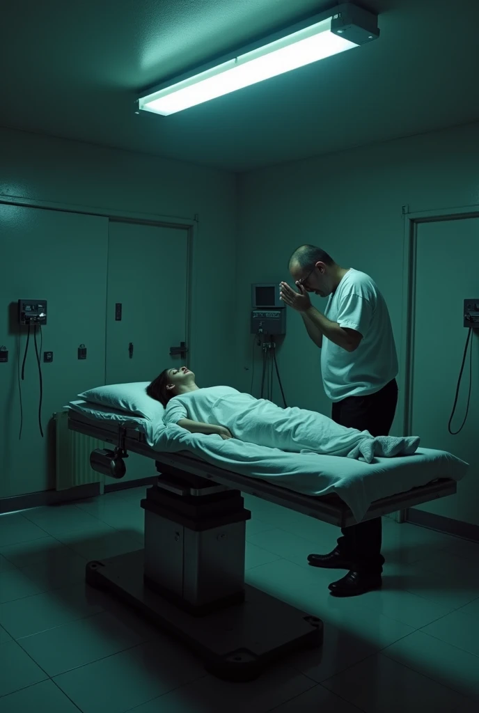 A lady in a dead morgue and a man in front of her crying 