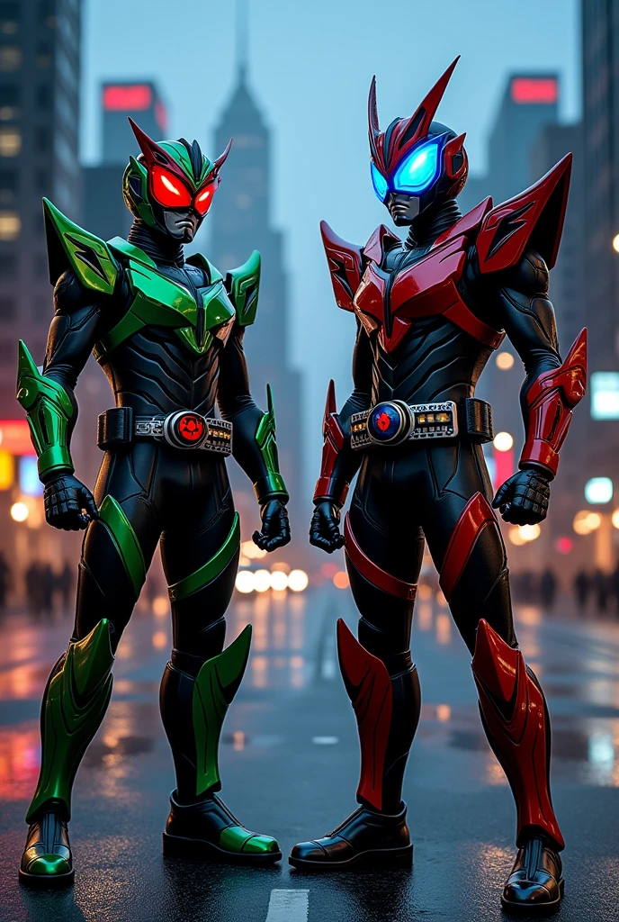 Kamen Rider W Extreme Form next to Kamen Rider Accel Trial Form