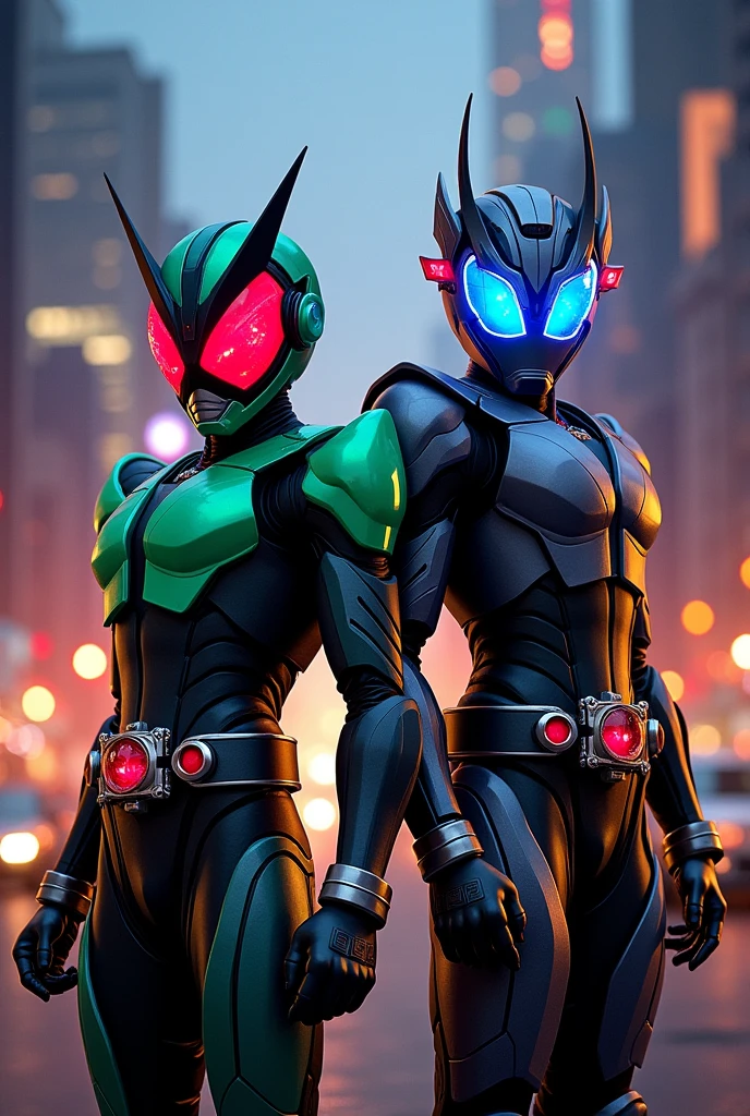 Kamen Rider W Extreme Form next to Kamen Rider Accel Trial Form
