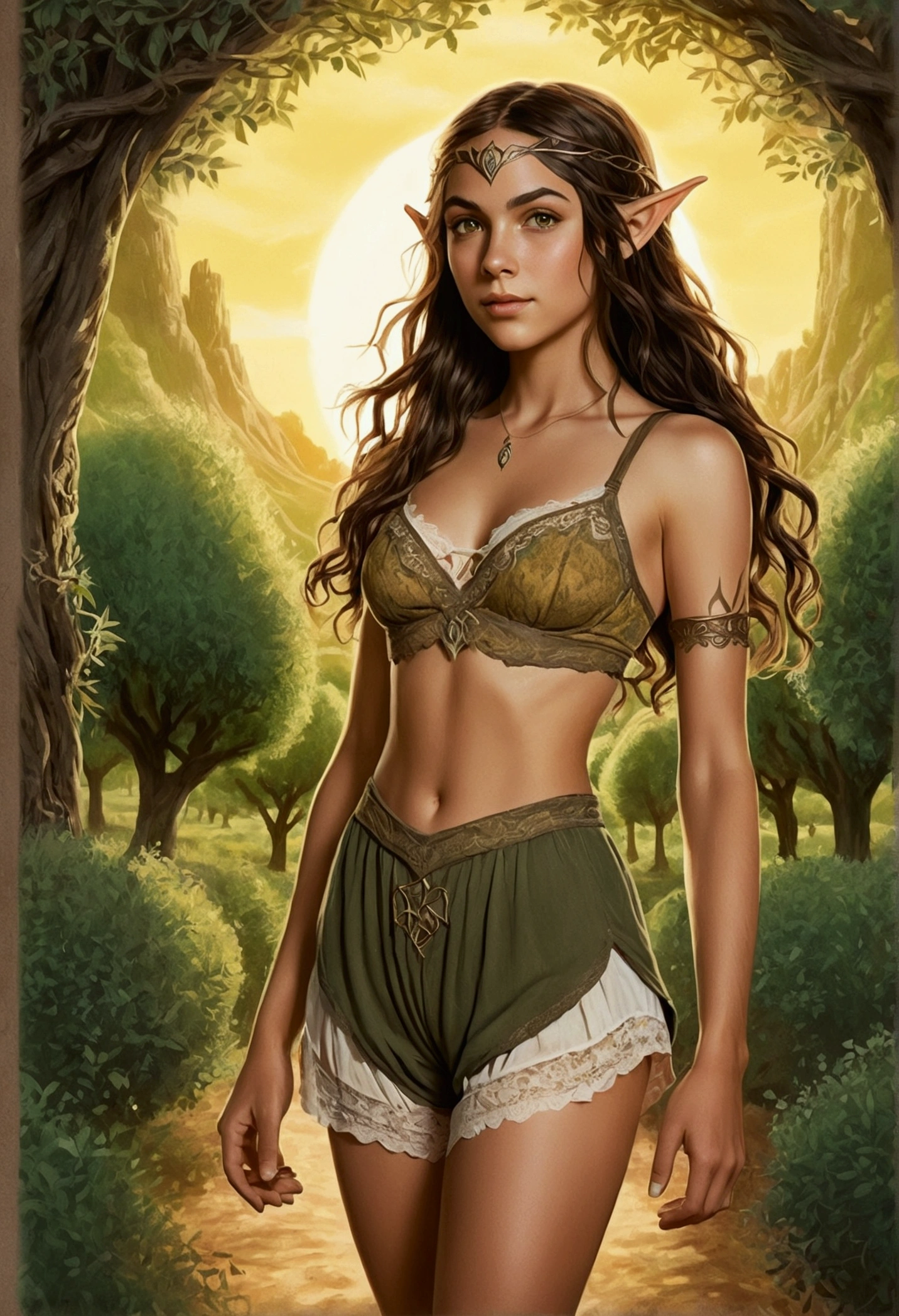 An illustrated movie poster, hand-drawn, full color, a age elven girl, wearing a lace bralette and bloomer shorts, tall, toned, athletic hourglass figure, long pointy elf ears, amber eyes, dark hair, long messy waves, deep sun-tanned skintone, freckles, standing in a sunny olive grove, graphite shading, stencil marks, airbrushed acrylic paint, masterpiece, in the style of the Lord of the Rings