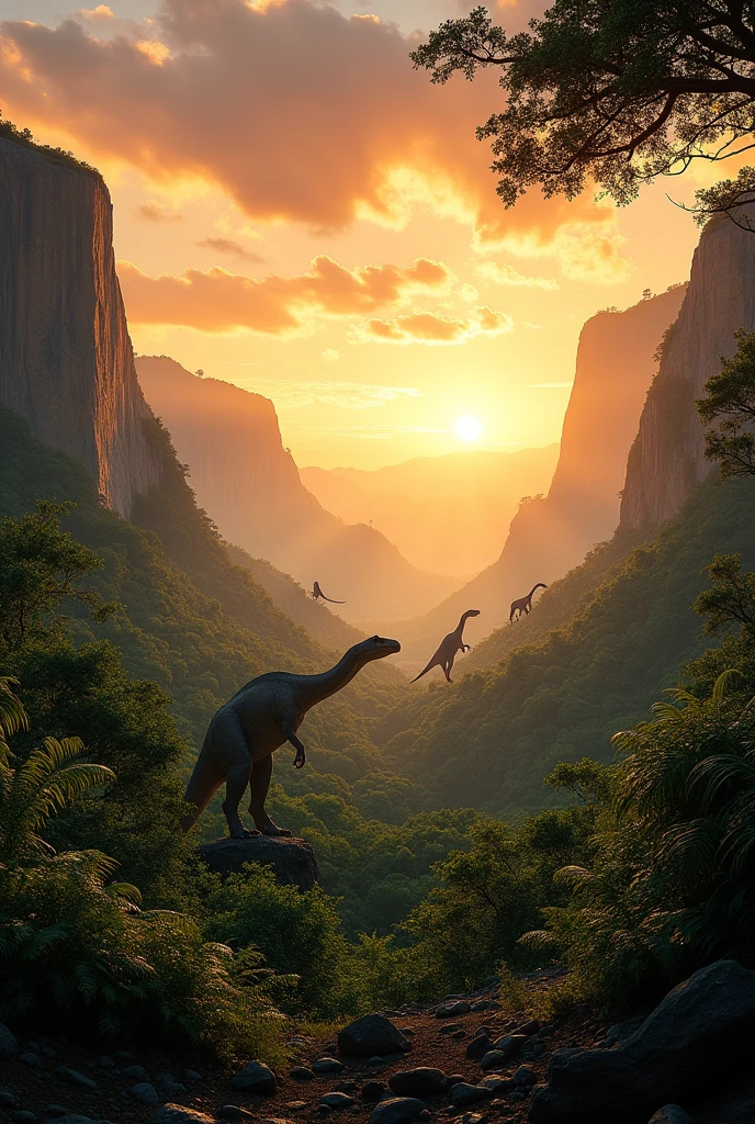 Landscape of T-Rex dinosaurs in the distance