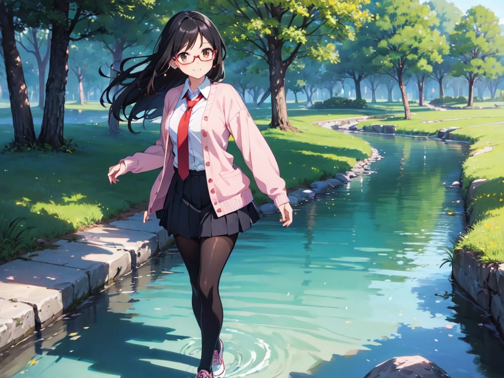 1girl, brown eyes are shining and cute, black hair, long hair, tareme, (red-rimless eyewear:1.2), star earrings, medium breasts, smile, blushful,
BREAK
(collared white shirt, pink cardigan, checked pleated skirt, red necktie), sleeves past wrists, (black tights:1.4), white sneakers,
BREAK
Walking leisurely along a scenic lakeside trail, with the gentle breeze rustling through the trees and the soft sound of water lapping against the shore.
BREAK
((best quality, high resolution)), (delicate illustration), (pastelcolor style illustration:0.4), (watercolor style illustration:0.4), ((beautiful:1.3)), (tegaki),(anime key visual),4k,Perfect Anatomy,