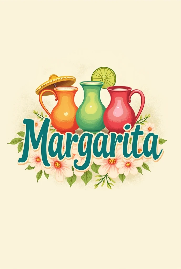 Animated style logo with pastel colors that is a restobar, the name is Margarita with drawings of cantaritos and daisy flowers