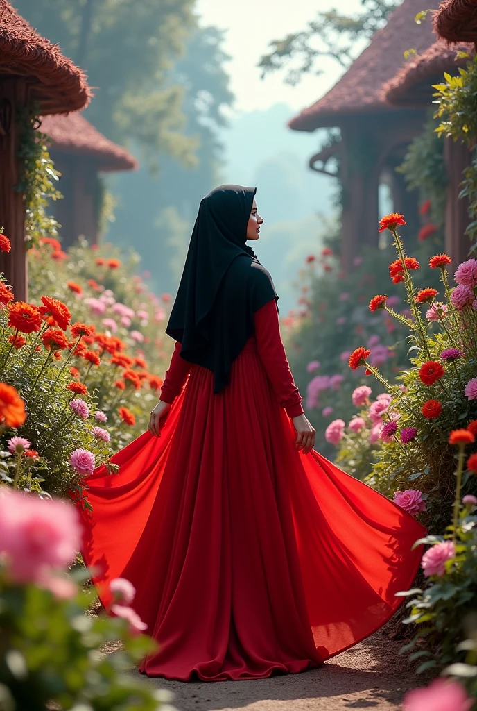 surreal fantasy photo:1.4, (vibrant:1.2), (whimsical:1.2), (dreamlike:1.2), high saturation, bright colors, ethereal lighting, dynamic movement, wide-angle, imaginative, otherworldly, colorful flora, flowing fabric, 24mm lens, f/4, fantastical, enchanting, a hijab woman in black, in a flowing red dress in a vibrant, fantasy-like environment