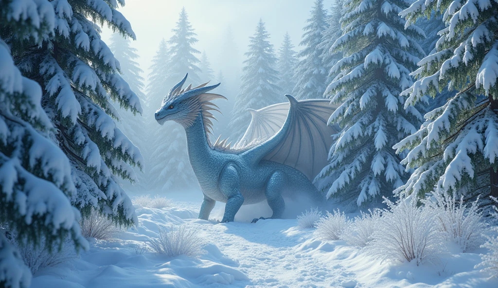 Beautiful art style，dragon，8K,Great scene，The cold northern forest，winter，Snow Scene，Heavy snow